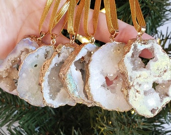 Angel Aura Quartz Geode Christmas Ornament Gold Plated Geode Ornament Tree Ornaments Christmas Ornaments Rock Ornaments Agate Slice Geode