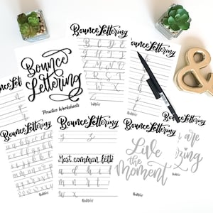 Bounce Lettering Practice worksheets, hand lettering, brush lettering, Bouncing lettering