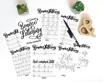 Bounce Lettering Practice worksheets, hand lettering, brush lettering, Bouncing lettering