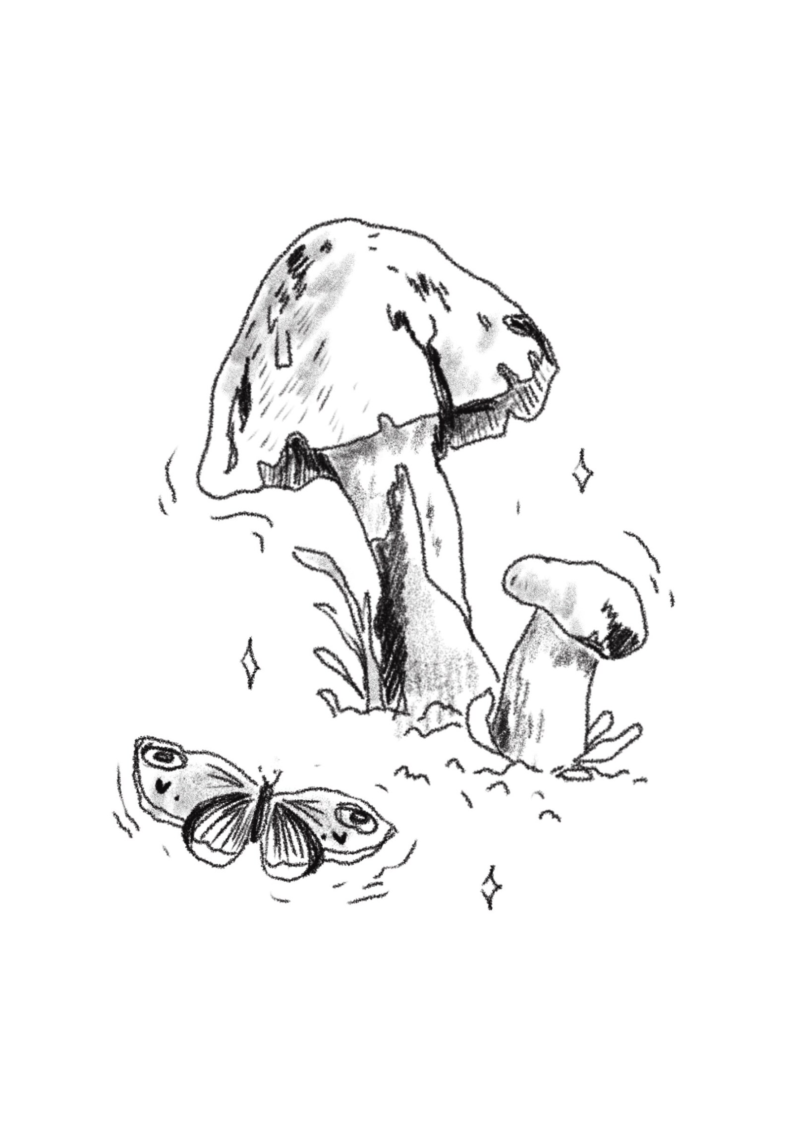 Print A5 mushrooms butterfly black and white drawing Etsy