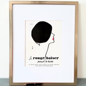 Manifesto pubblicitario originale vintage del rossetto rosso della rivista francese Vogue di Rene Gruau, raro poster della ragazza glamour parigina, regalo unico per lei