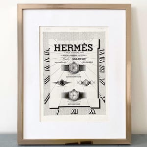 Stampa originale vintage della pubblicità Hermes da parete, da rivista francese, poster retrò di un marchio di lusso, regalo di compleanno per collezionisti di orologi svizzeri.