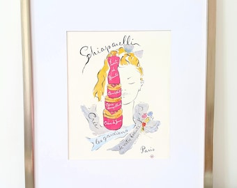 Original 1950s Vintage Schiaparelli Cosmetics Ad Print: French Illustration by Marcel Vertes