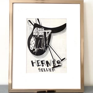 Raro poster pubblicitario vintage autentico di sella Hermes e attrezzatura per cavalli, stampa di un marchio di lusso francese retrò, regalo per gli amanti di Hermes