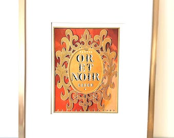 Póster publicitario original de perfume Caron de los años 50: Póster clásico de decoración francesa con tinta dorada.