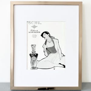 Rara e autentica pubblicità di profumo francese Schubert d'epoca, stampa di Rene Gruau dalla rivista Vogue, moderna decorazione da parete per un ambiente glamour.