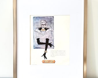 Stampa pubblicitaria originale vintage degli anni '50 della gioielleria Boucheron: poster con donna elegante in abito da sera.
