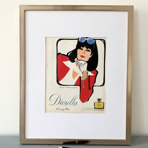 Rara e autentica stampa pubblicitaria Dior vintage di Rene Gruau, poster di lusso con bottiglia di profumo Lady Dior, galleria di pareti glamour, regalo unico per lei
