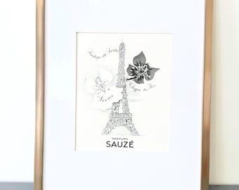 Impression publicitaire originale de parfum Français vintage des années 1950 : affiche de dessin de la tour Eiffel de Paris
