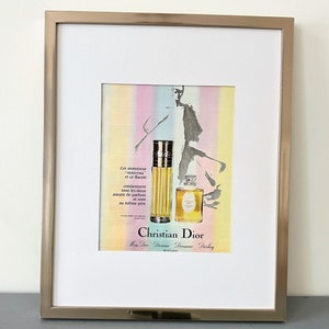 Rara stampa autentica vintage del profumo Dior di René Gruau, poster del marchio di lusso parigino, decorazione glamour per la stanza, regalo moderno di metà secolo "Pensando a te"
