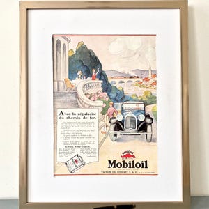 Rara stampa francese vintage autentica degli anni '30, poster di viaggio Mobiloil Francia, pronta da incorniciare, decorazione da parete come idea regalo. Spedizione prioritaria.