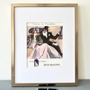 Stampa pubblicitaria originale del profumo francese Bourjois degli anni &#39;40, poster da parete con disegno di moda retrò di metà secolo, ideale come decorazione glamour per la stanza o come regalo per ricordare te stesso.
