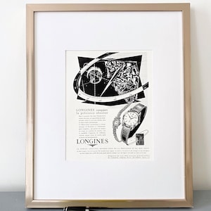 Raro e autentico poster pubblicitario di un orologio svizzero d'epoca Longines, decorazione glamour per la stanza di alta orologeria, arte murale di marca di lusso, regalo unico per lui.