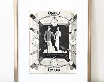 Rare Authentic 1920s Vintage Omega Watch Ad Print, Swiss Watch Luxury Brand Poster Watch Collector Gift for Designer Brand Lover