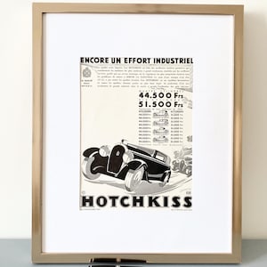 Poster originale di auto d'epoca Hotchkiss degli anni '30, rara decorazione da parete per garage di automobili retrò, regalo maschile di metà secolo per gli amanti delle auto.