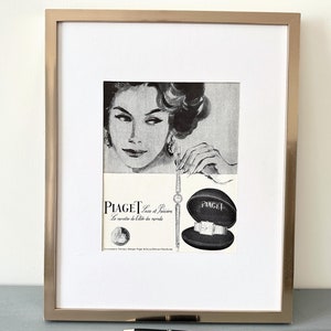 Raro autentico poster pubblicitario vintage di orologio Piaget, regalo retrò di lusso per lei, arredamento glamour di metà secolo