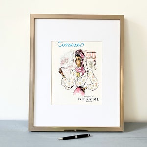 Rara e autentica stampa francese vintage di un profumo Bienaime, decorazione glamour per la stanza in stile moderno di metà secolo, regalo "Pensando a te", pronta da incorniciare.