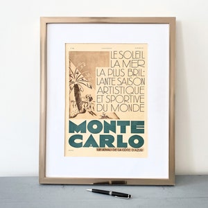 Póster de viaje retro francés de Montecarlo, decoración de pared de Mónaco, ciudad europea, e impresión de playa del sur de Francia, regalo minimalista moderno de mediados de siglo.