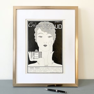 Rara e autentica stampa artistica da parete con pubblicità di creme viso vintage, poster Art Déco per bagno, bagno di servizio o stanza glamour tratto da una rivista originale.
