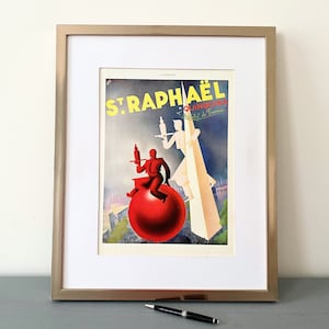 Raro e autentico poster originale vintage pubblicitario dell'aperitivo St Raphael, stampa retrò di alcolici, regalo per gli amanti dei cocktail, arte da caverna di metà secolo