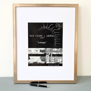 Raro e autentico poster pubblicitario vintage di Van Cleef & Arpels, oggetto da collezione di metà secolo, raro da trovare, regalo glamour per la casa.
