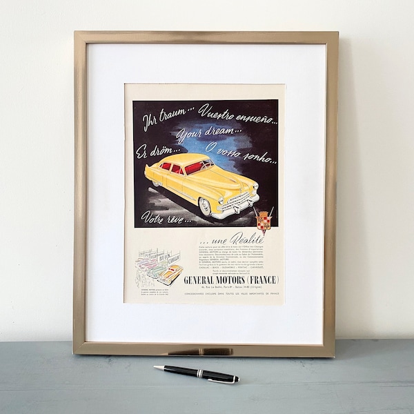 Vintage rare impression d'annonce de voiture General Motors authentique, garage de dessin de supercar ou affiche d'art mural homme des cavernes, cadeau pour petit ami ou amateurs de voitures