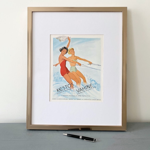 Rare Authentic Vintage Water Ski Swimwear Wall Art Poster, Pin up Art Print Glam Room Decor for Dressing Room, Mid Century Fashion Gift Idea
