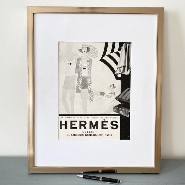 Rare Authentic Vintage Hermes Advertisement Wall Art Print, Retro Beach Style Vanity Wall Decor with Happy Couple Art Deco Hermes Lover Gift
