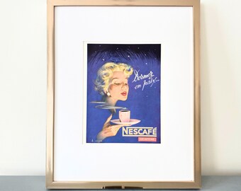 Vintage Nescafe Ad Print: Retro Woman with Coffee, Signed Pierre Couronne
