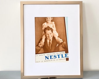 French Advertisement, Father with Daughter, Funny Kids Decor, Nestle Milk Print, 1930s Ad Poster, Vintage Magazine Ad, Neutral Nursery Art