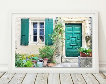 Green Door Photo, Provence Wall Art, French Cottage Decor, Rustic Door Print, Cottage Photography, French Countryside, Wood Shutter Print