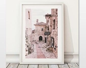 Blush Pink French Architecture Photography Wall Art, Bohemian Village Street Travel Photo Dusty Pastel Pink Farmhouse Wall Decor Unique Gift