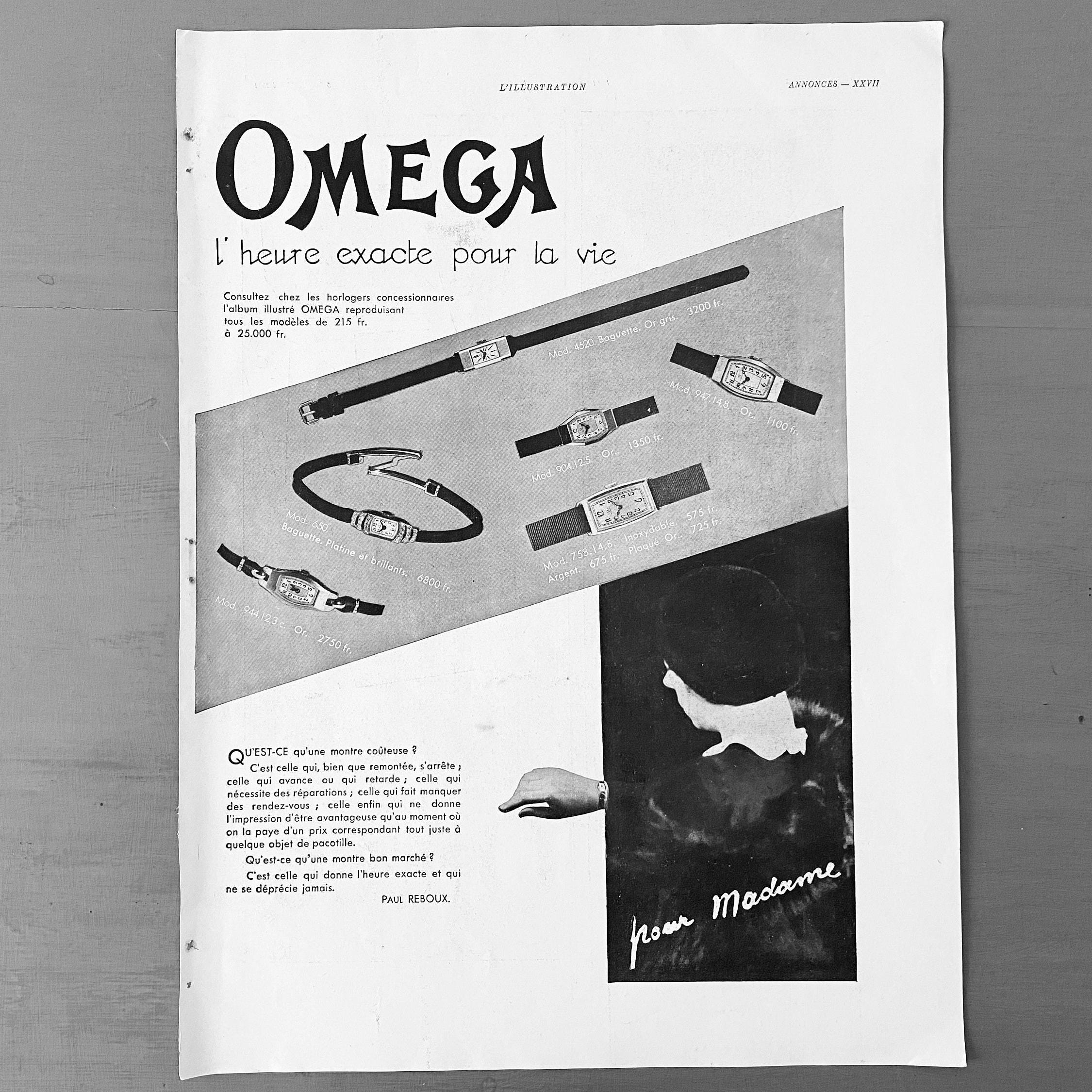 フランス雑誌L'ILLUSTRATION広告 1930年OMEGAオリジナル 1930年代のオリジナルヴィンテージオメガ腕時計広告ポスター：希少な