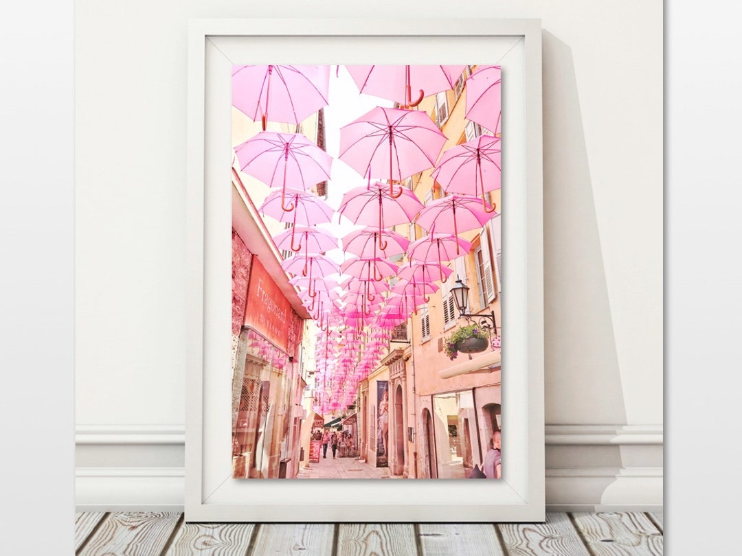 French Village Photo, Pink Umbrella Art, France Travel Photo, Pastel