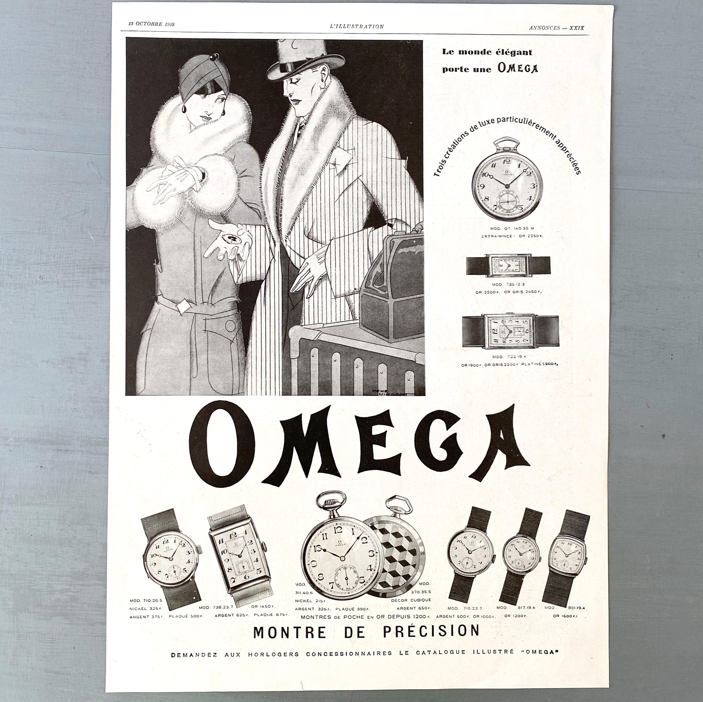 Original 1920s Vintage Omega Watch Ad Print: Authentic French