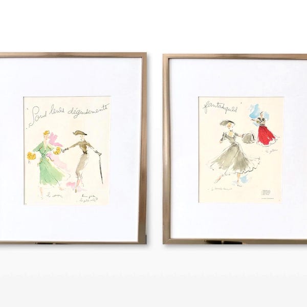 Original 1940s Vintage Dior Fashion Ad Set: Authentic Baumgartner Watercolor Illustration from French Magazine