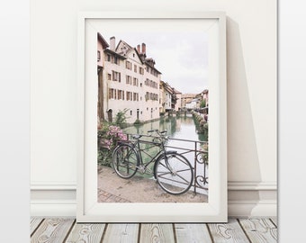 Annecy Photography, Retro Bicycle Photo, French Cottage Print, Annecy Bridge Print, Pastel Pink Houses Gift Francophile, French Architecture