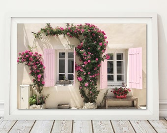 Pink Rustic Window, French Farmhouse Art, Window Shutter Photo, Above Bed Decor, French Roses Photo, Provence Decor, Blush Pink Wall Art