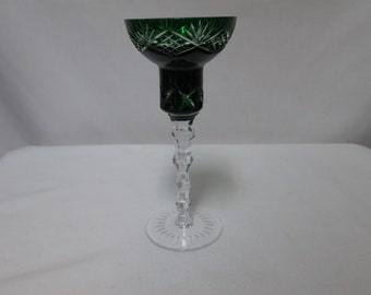 Crystal emerald green cut Crystal Glass tall Candlestick holder 7" tall