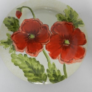 Maxcera Cream Poppies Floral Salad Appetizer Starter ceramic Plate green red 8"