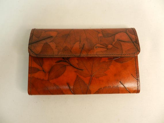 Vintage Leather Leaf Embossed Artisan Made brown black clutch wallet textured