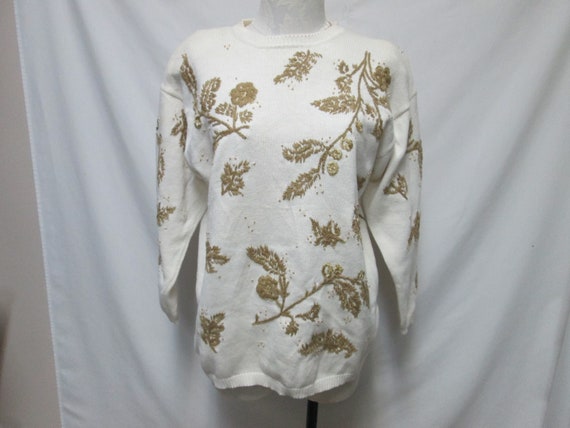 Vintage Embroidered Beaded gold cream Sweater Top… - image 1