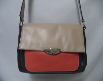 TOUS Vintage Leather Color-block Shoulder Bag Purse gold Leaf gray cream orange