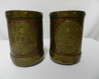 Aztec Mayan Calendar Vintage Brass Copper Mug Mexican Cup with Emblem Set 2 Pair