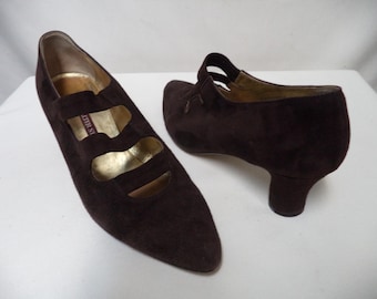 Walter Steiger Vintage suède pumps hakken bruin Italië 3 riempjes Mary Jane maat S: 9