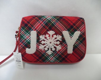 Talbots JOY plaid tartan fabric wristlet zip top purse make-up bag pouch NEW NWT