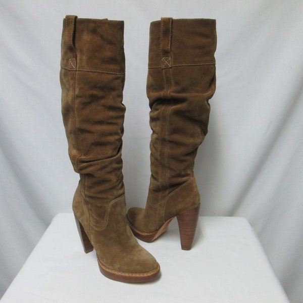 KORS by Michael Kors brown suede ruched knee high heeled boots pull on Size Sz 7