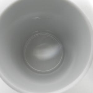 Op de afbeelding: Een witte keramische mok met een lichtgroen handvat. De binnenkant van de mok is lichtgrijs van kleur. De mok is leeg en lijkt schoon te zijn.