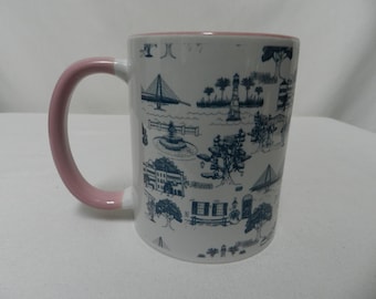 Charleston, SC South Carolina Toile ceramic mug cup blue pink white 12 oz