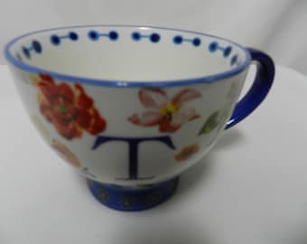 Hobby Lobby Monogram Initial " T " floral dotted pedestal mug cup dish micro NEW